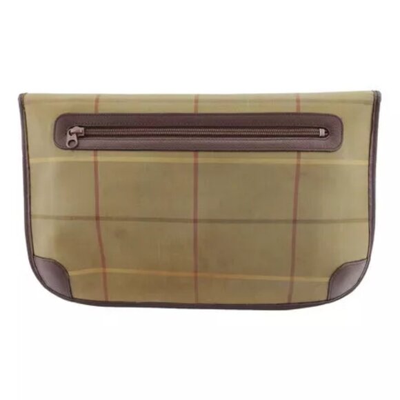 BURBERRY Clutch Bag Check Khaki Canvas x Leather Authentic Used - Picture 2 of 8